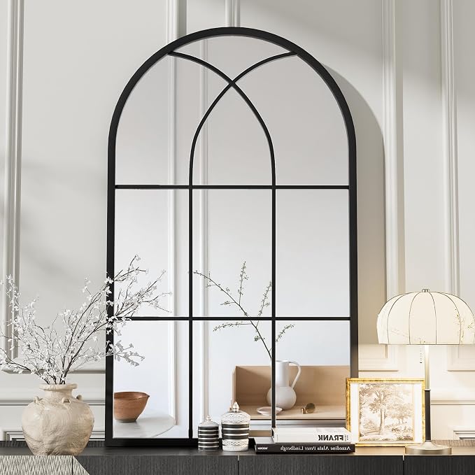 Rowjut Arched Wall Mirror 42" x 24" Window & Wall Decorative Mirror, Iron Framed Window Pane Mirrors, Arched Top Wall Mirror for Entryway Living Room, Bedroom, Fireplace (Black) - Image 7