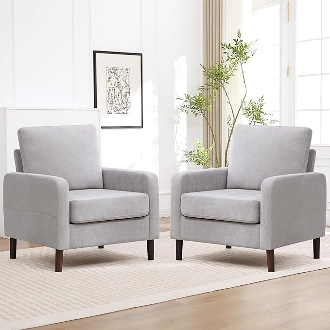 Accent Chair for Living Room, Modern Reading Chair for Bedroom, Upholstered Armchair with Wood Legs and Side Pockets, Single Sofa Side Chair for Office, Small Room, Apartment, Light Grey