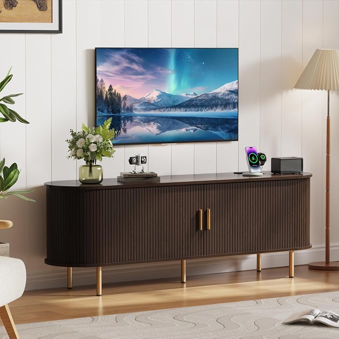 DHH 63 Inch Mid Century Modern TV Stand with Power Outlet for TVs up to 70 Inch, Entertainment Center with Storage and Adjustable Shelves, Media Console with Sliding Doors for Living Room(Dark Walnut) - Image 7