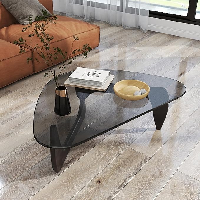 Black Glass Coffee Table for Living Room, Mid Century Modern Coffee Table with Tempered Glass Top and Solid Wood Base, Farmhouse Center Table for Small Space, Tea Tables