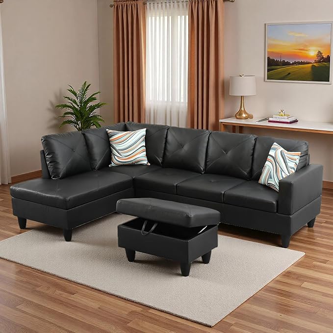 L-Shaped Sectional Sofa with Movable Chaise & Storage Ottoman, Leather 3-Piece Modular Convertible Couches for Living Room, Apartment & Office, Black