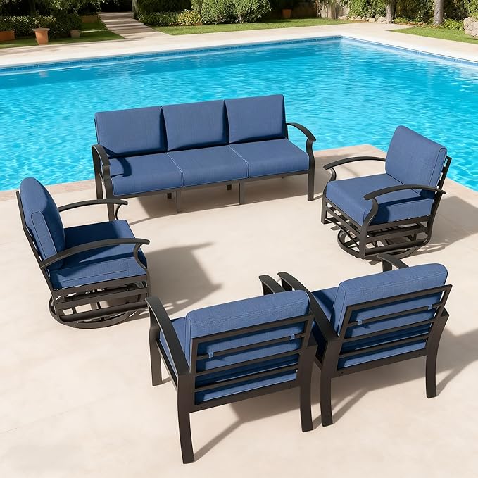Aluminum Outdoor Patio Furniture Set,5 Pieces 7 Seats Patio Conversation Sets with 2 Swivel Rocking Chairs,Metal Patio Sectional Furniture Set with 5.1" Thickened Cushions,Navy Blue