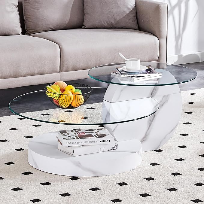42" Glass Coffee Table, Round Coffee Table, 2-Tier Tempered Glass Tabletop with White Faux Marble Base, Modern Center Table for Living Room, Home, Apartment, Ideal for Small Space