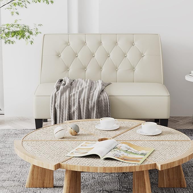 Alunaune Upholstered Loveseat Bench Couch for Bedroom, Modern Anti Scratch Cushioned Armless Settee Small Love Seat Sofa Faux Leather Living Room Couch-Beige