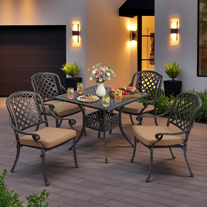 5-Piece Cast Aluminum Outdoor Patio Dining Set, All Weather Cast Aluminum Outdoor Furniture Dining Set for Patio, Balcony, Lawn, Garden, Backyard w/4 Chairs and Cushions, 2.0" Umbrella Hole - Image 6