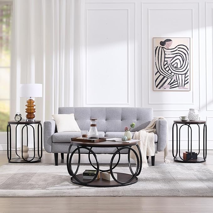 BECHAEO 31.5" Round Coffee Table with Storage, 2 Tier Vintage Coffee Table for Living Room, Industrial Design Wood Top & Metal Legs-Modern Accent Cocktail Tables for Home Office
