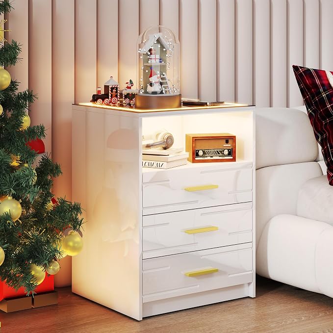 High Gloss LED Nightstand with Charging Station & 3 Color Dimmable Light Modern for Bedroom White, Smart Bedside Table with 3 Drawers & USB Type-C Port for Home - Image 9