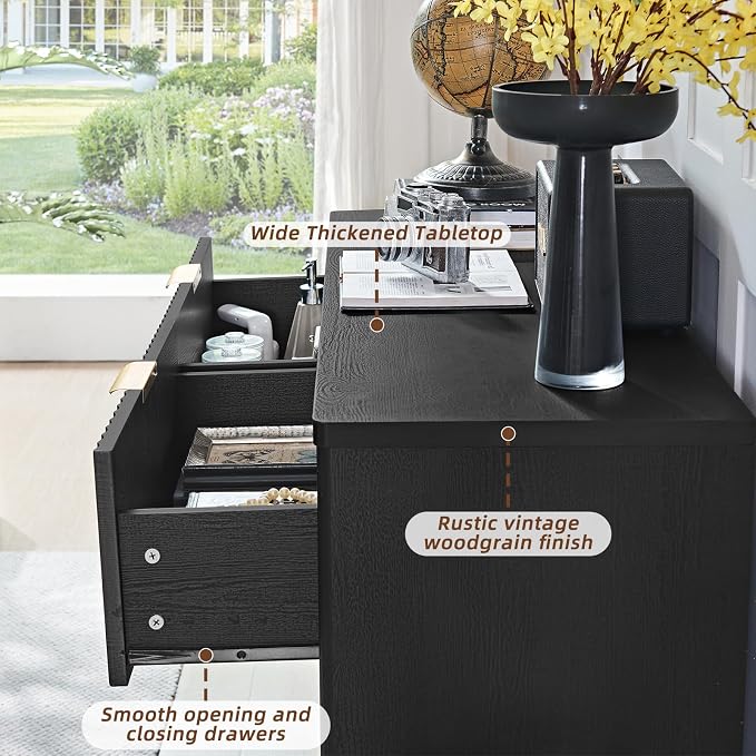 LEYAOYAO Fluted 6 Drawers Dresser Set of 2, 48" Wide Modern Chest of Drawers with Woodgrain Top, Curved Profile Design, Dresser TV Stand, Wooden Drawer Organizer for Bedroom, Living Room,Black - Image 8