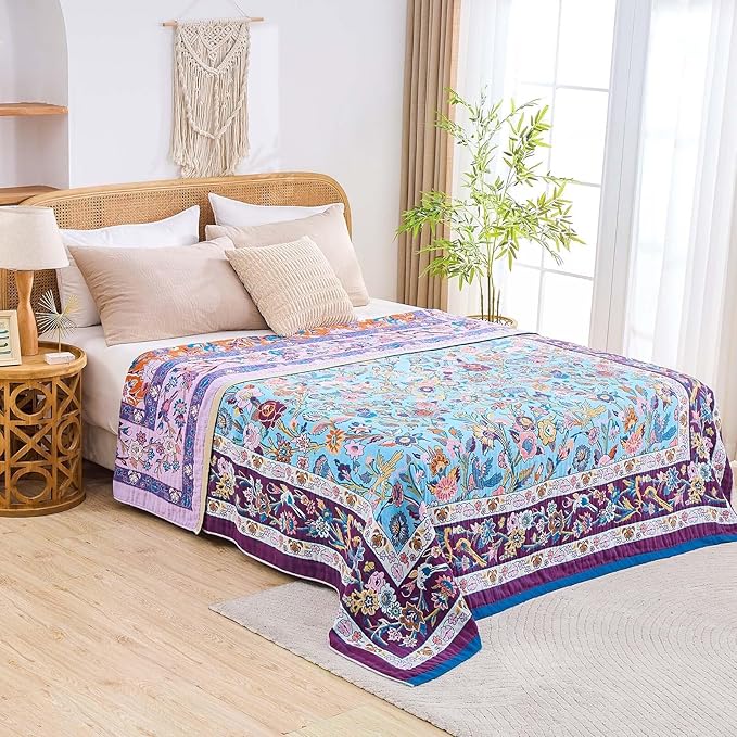 XIBLC Fall Blanket for Bed, 100% Cotton Soft Rustic Boho Throw Blanket Quilt, 50"x60" Farmhouse Decor Bed Flower Blankets, Light Weight Reversible Bohemian Throw Quilt