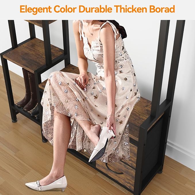Hall Tree for Entryway 43", Bench with Shoe Storage, Large Coat Rack Shoe Bench with 5 Tier Shelves, 5 in 1 Design Front Door Shoe Rack and Wall Rack Hooks, and 2 Drawers (Rustic Brown) - Image 9