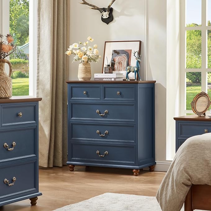 Joaxswe Farmhouse 5 Drawer Dresser for Bedroom, 35" Tall Rustic Chests of Drawers w/ 4 Solid Wood Feet, Mid Century Modern Wooden Closet Storage Dressers Organizer for Living Room, Hallway,Blue - Image 9