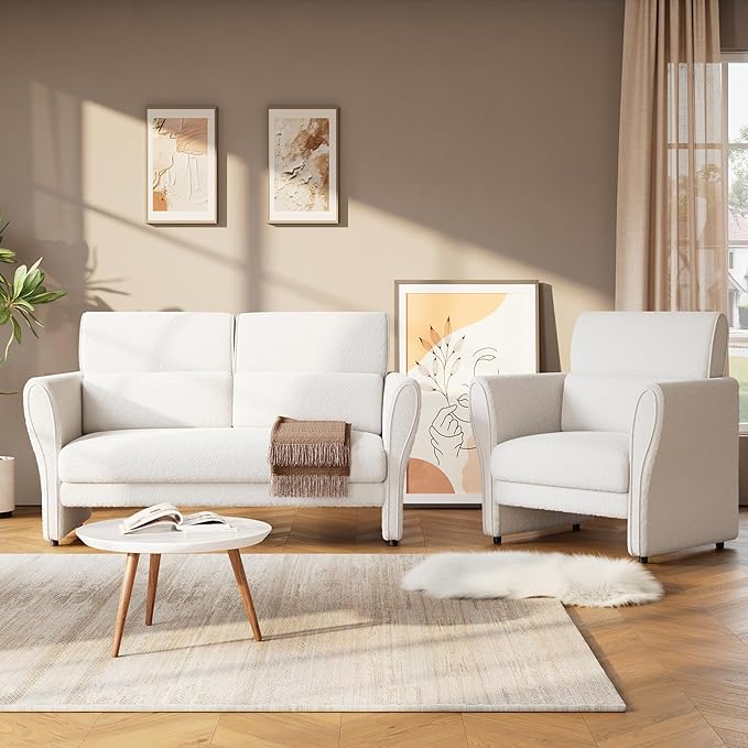 IDEALHOUSE Couches for Living Room, 57" Loveseat Sofa, Modern Boucle Small Couch with High Backrest and Removable Lumbar Pillows, Easy Assembly, Upholstered Comfy Sofa for Bedroom Office, Ivory
