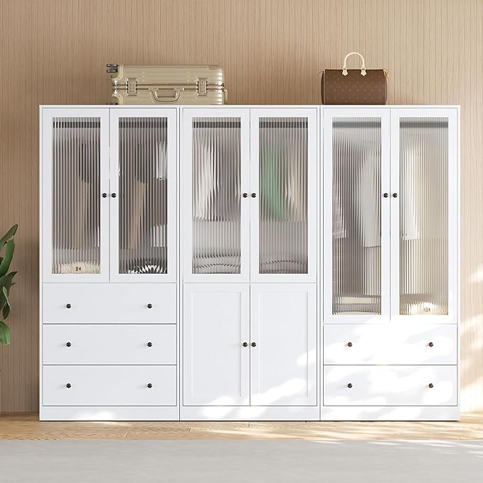 VOWNER 20“D Armoire Wardrobe Closet with Fluted Glass, 71" H Clothing Storage Cabinet with Hanging Rod, 4 Soft-Close Doors Wooden Wardrobe Cabinet for Bedroom, Large Capacity Storage White (AAC)