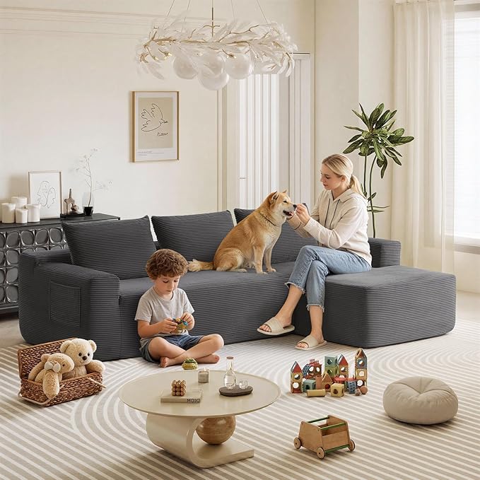 97inch Boneless L-Shaped Sectional Sofa with Throw Pillow & Side Pockets- No Assembly Compressed Modular Couch, Memory Foam, Deep Seat for Living Room, Bedroom, Apartment Grey Right