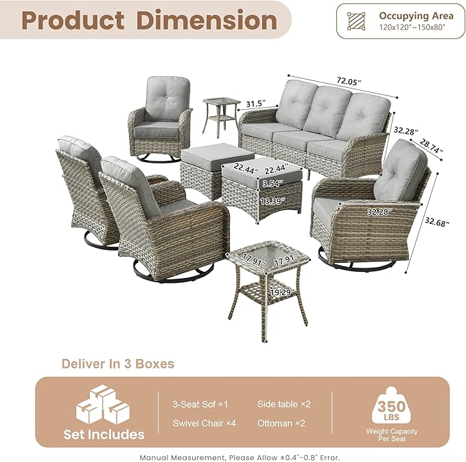 HOOOWOOO Outdoor Patio Furniture Set with Swivel Chairs,9 Pieces Wicker Conversation Set,All Weather High Back Couch Sofa Rocker Chairs Ottomans Set,Charcoal Gray