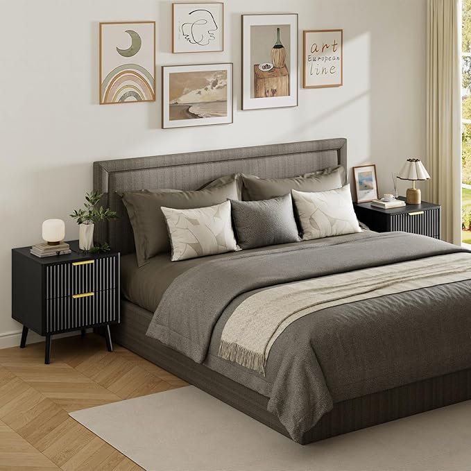LYNSOM Fluted Dresser and Nightstand Sets 4 Piece, 2-Drawer Nightstands and 5/7 Drawers Dresser, Wood Bedroom Furniture Set for Home, Bedroom, Hallway, Black
