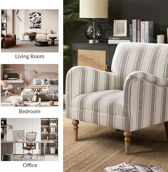 HULALA HOME Modern Accent Chair with Arms and Wooden Legs, Comfy Upholstered Armchair for Living Room, Bedroom (Stripe Pattern, Tan)