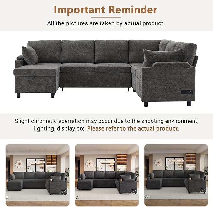 ERYE U Shaped Pull Out Sleeper Sectional Sofa Bed Modern Corner Convertible Sleeper Couch with Left Facing Storage Chaise, Cupholders, Charging Ports and Armrests Storage