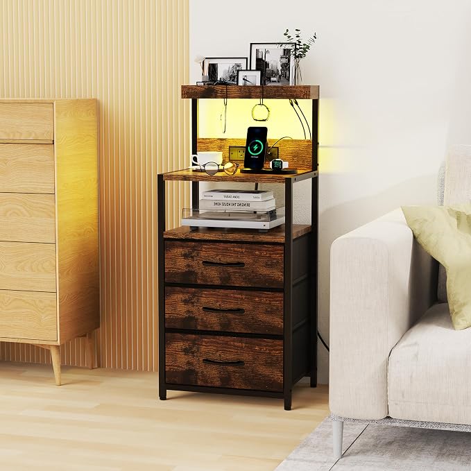 SZLHANJZ Night Stand, Nightstand with Charging Station, 3 Drawers Night Stand with Storage and LED Lights, 3 Shelves and Hooks, End Side Table for Bedroom, Rustic Brown - Image 8