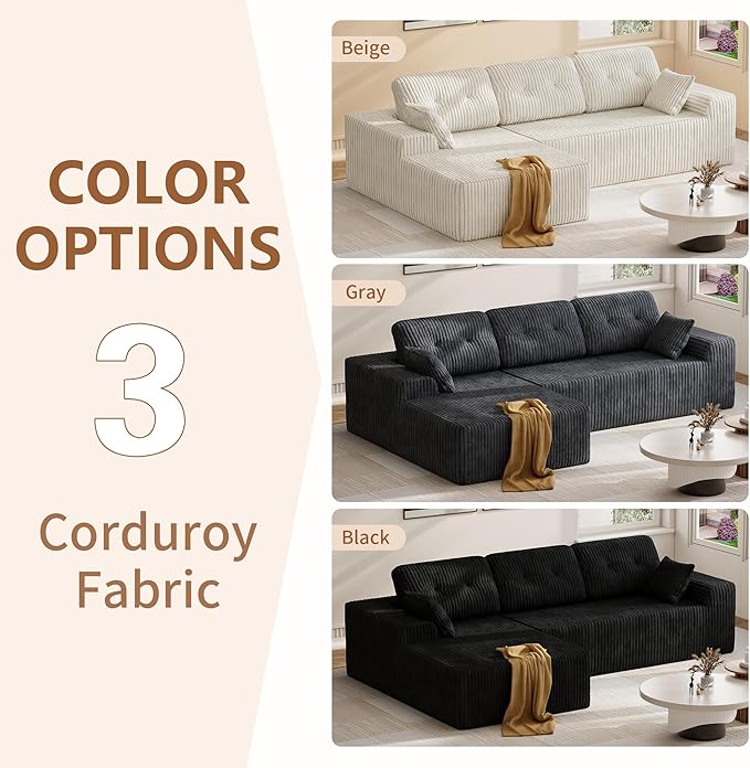 Ball & Cast 106" Cloud Modular Sectional Sofa, Boneless Corduroy Couch with Deep Seat, Comfy L-Shaped Sectional, Modern Upholstered Sofa for Living Room, No Assembly (Beige, Left Facing Chaise)