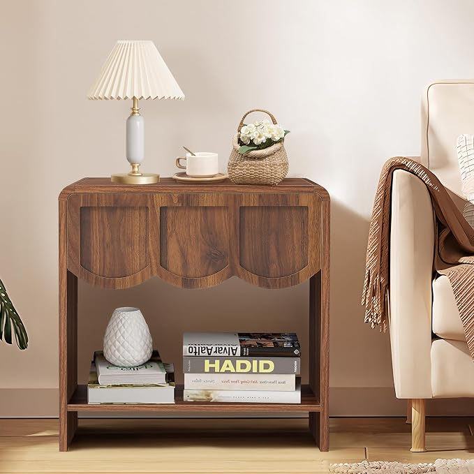 Small Night Stand Set of 2, Mid Century Modern Farmhouse Wood Nightstand with Wave Panel Drawer, Bed Side End Table for Small Space, Living Room - Walnut - Image 8