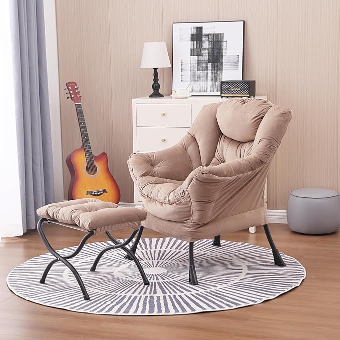 Lazy Chair and Ottoman, Large Velvet Brown Accent Chair with a Side Pocket, Modern Leisure Upholstered Sofa Reading Armchair with Footrest for Office, Bedroom, Living Room, Dorm Rooms, Balcony