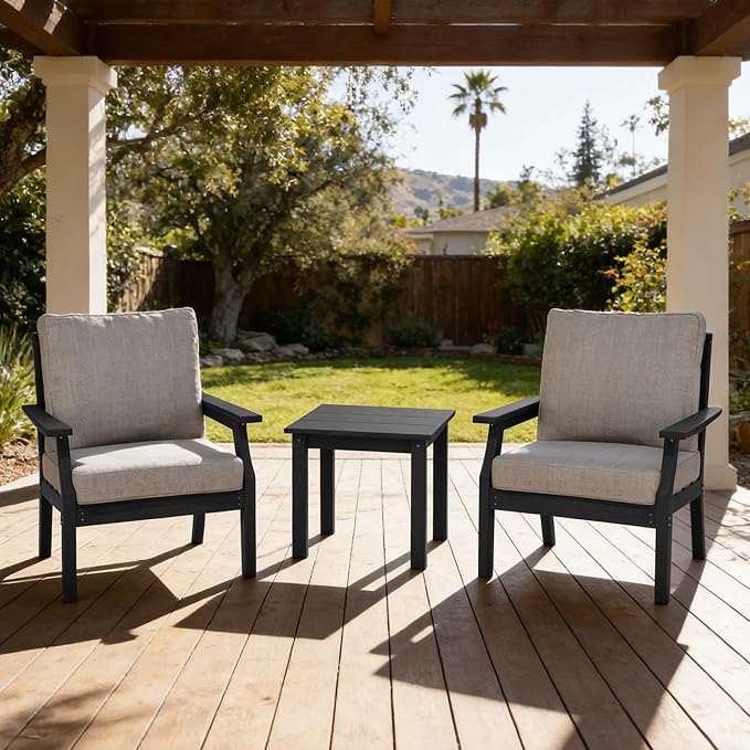 HDPE Patio Conversation Set, 3-Piece All Weather Outdoor Furniture Set with 2 Single Sofas for Deck, Lawn, with Cushion, Black
