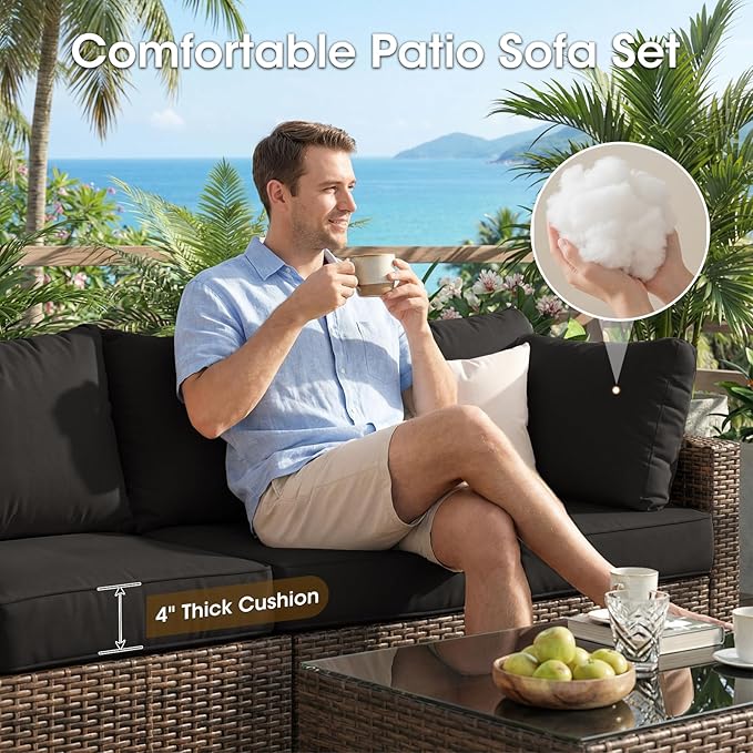Grezone Patio Furniture Set 7 Piece Outdoor Wicker Sectional Sofa - All Weather High Backrest PE Rattan Couch Conversation Set with Cushion & Glass Top Table for Backyard Deck Porch Black