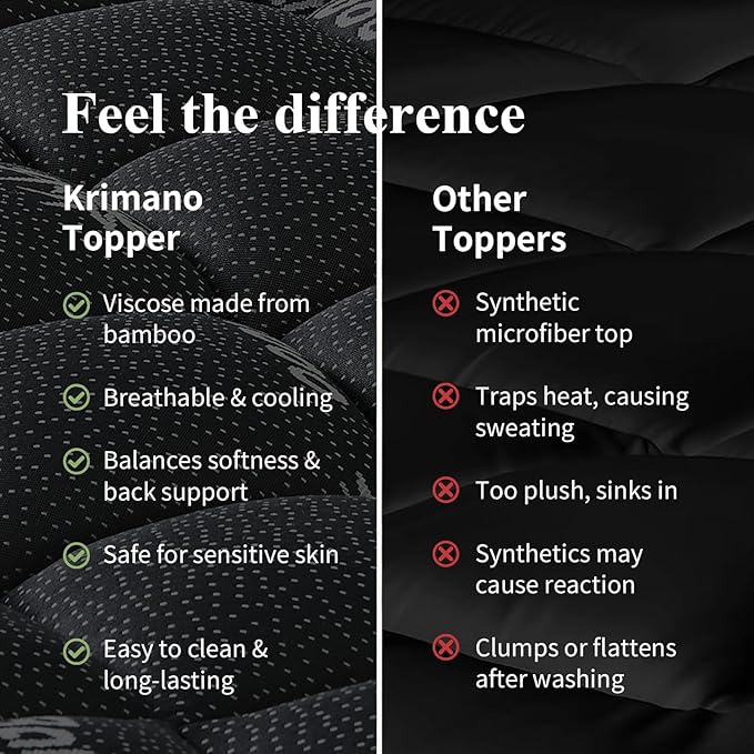 Queen Mattress Topper, Viscose Derived from Bamboo Thick Pillow Top Mattress Pad with Deep Pocket, Naturally Cooling for Hot Sleepers, Soft for Back Pain Relief, Premium Dark Grey