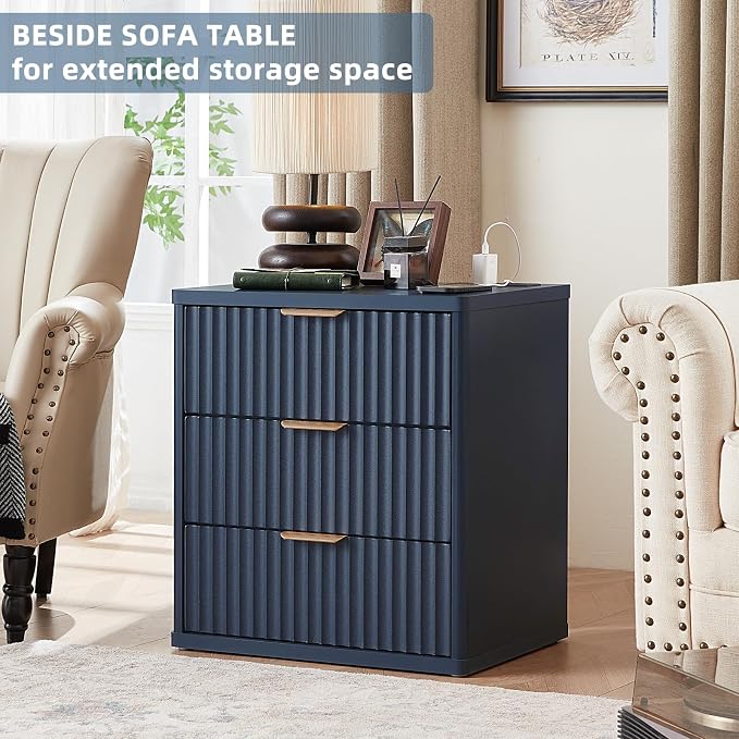 LEYAOYAO 23" Wide Fluted Farmhouse Night Stand Set of 2 with Charging Station, 3 Drawers Large End Table w/Metal Handle,Nightstand Bedside Table,Wood Dresser for Bedroom, Closet,Blue - Image 9