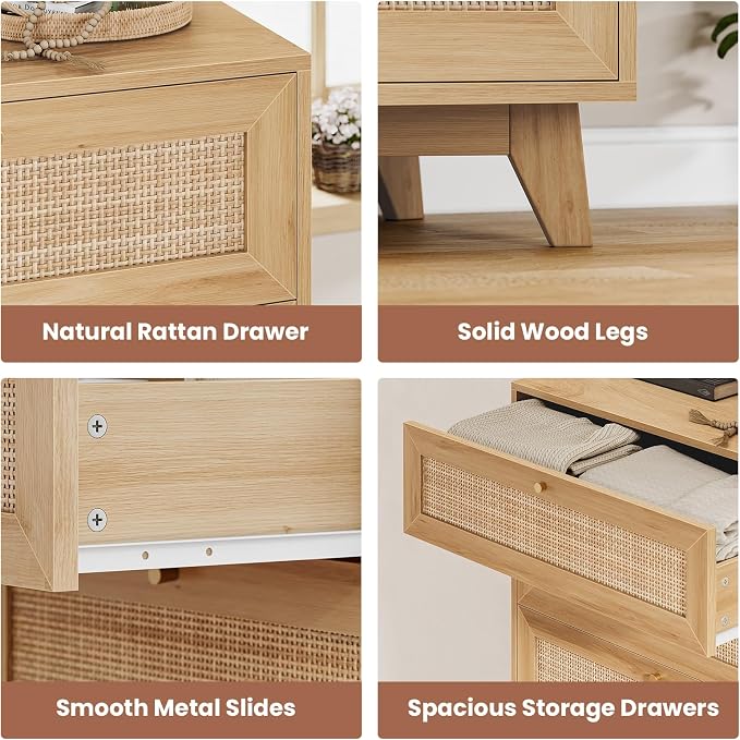 VIAGDO Rattan Nightstand Set of 2 with Charging Station, Natural Rattan Night Stand with 3 Large Wicker Decorated Drawers, Boho Bedside Table, End Side Table, 3 Drawer Dresser for Bedroom - Image 8