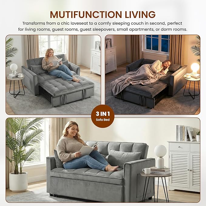 Convertible Sofa Bed 3 in 1 Pull Out Loveseat Sleeper Couch with Adjustable Backrest, Side Pocket, Two Pillows for Apartment, Dorm Room, Bedroom and Small Space | Velvet Fabric