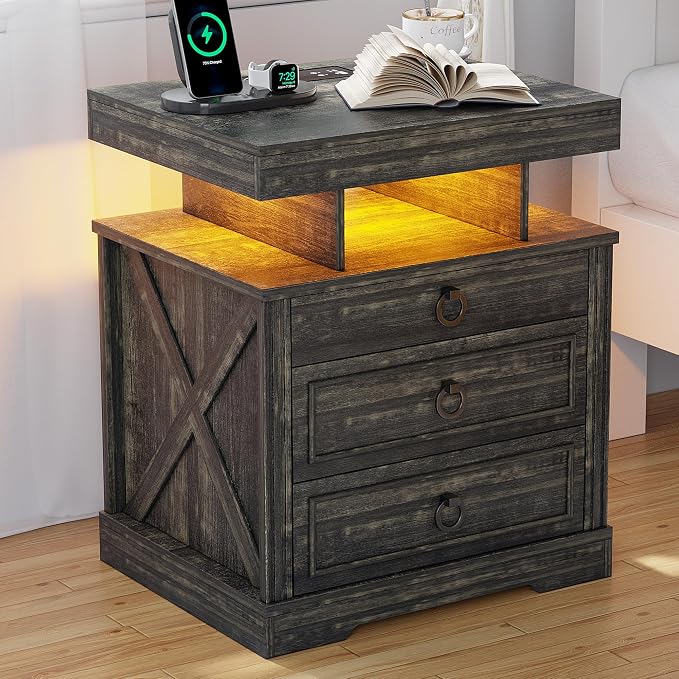 WOOVIVS Side Table with Gun Drawer - Farmhouse Night Stand with Charging Station for Bedroom, Smart End Table with LED Lights for Livingroom, Hidden Compartment Nightstands-Rustic Brown - Image 8