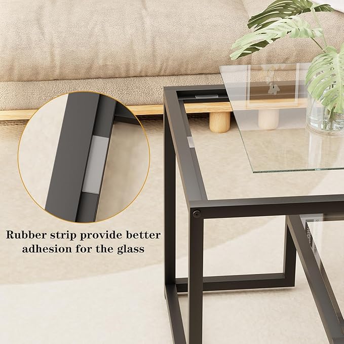 Coffee Table Black Glass Coffee Table for Living Room,2 Tiers Rectangle Center Table with Sturdy Metal Frame,Modern Tempered Glass Accent Table for Bedroom Home Office