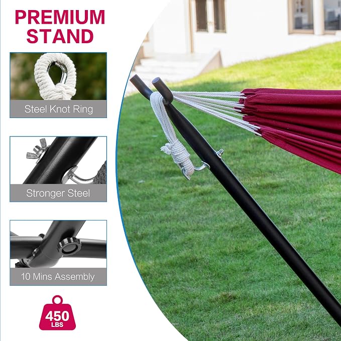 PNAEUT Double Hammocks with Stand for Outside, Portable Space Saving Heavy-Duty Steel Stand for Indoor Outdoor Patio with Carrying Bag, 450 lbs Capacity (Cherry) - Image 7