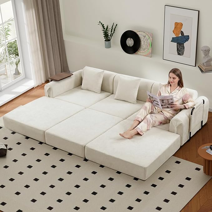 100" Convertible Sleeper Sofa Bed, Oversized Modular Sectional Cloud Sofa with Fixed-Shape Frame & Tabletop, Boneless Couch with Storage Pocket for Living Room, No Assembly Required, Beige