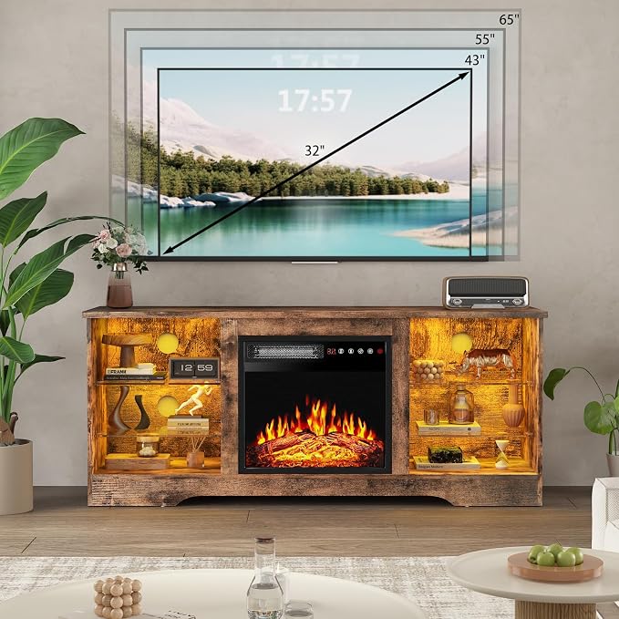 PRETZI Fireplace TV Stand with 18" Fireplace Up to 65" TVs, 58" Entertainment Center with LED Lights, TV Media Console with Adjustable Glass Shelves and Storage Cabinets for Living Room, Brown - Image 7