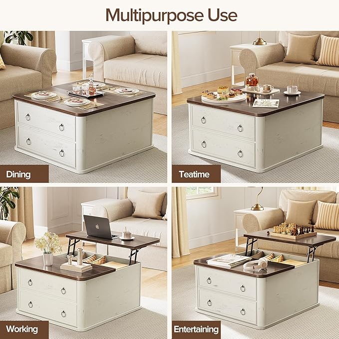 31.5" Lift Top Coffee Table with Storage,Square Coffee Tables with Lifting top for Living Room,Farmhouse Coffee Table with Storage Drawers and Large Hidden Compartment,Rustic White+Walnut
