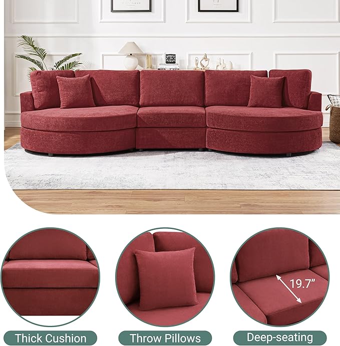 Merax 129 inches 3-Seater Curved Chenille Sofa, Modern Upholstered Living Room Couch with Thick Cushions, Includes 2 Throw Pillows, Easy Assembly, Red