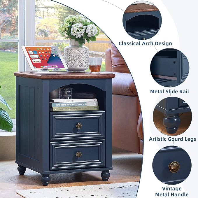 RWYHG 18" Farmhouse Night Stand Set of 2 with Charging Station, Wood Blue Nightstand with 2 Drawers, Bedside End Table with Shelf Storage, Bed Side Tables for Bedroom, Living Room, and Closet - Image 9