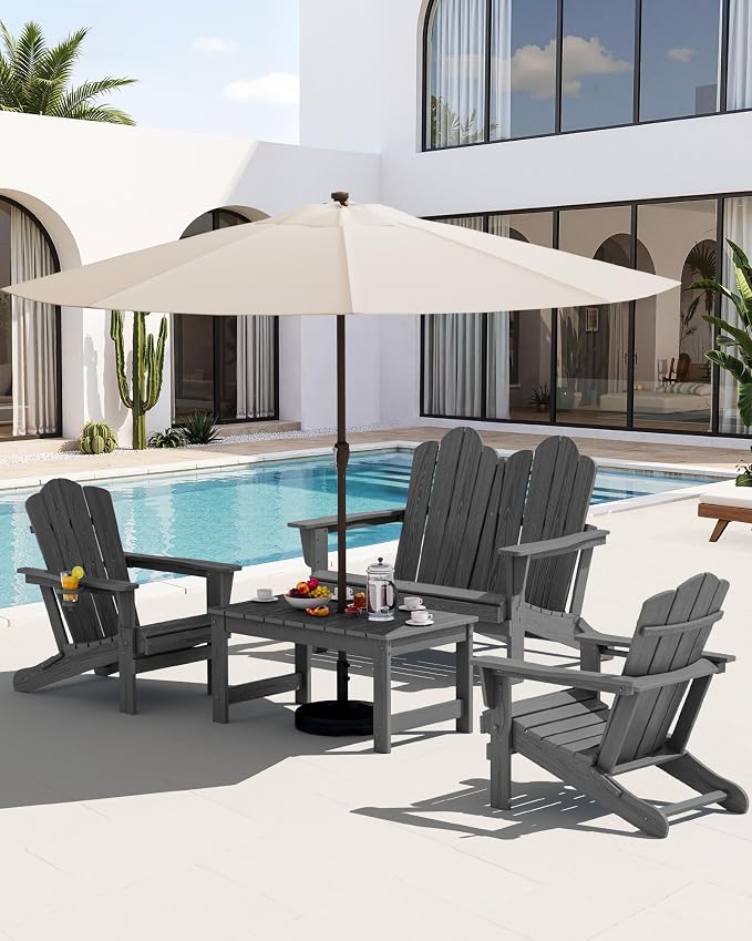 SERWALL Outdoor Coffee Table with 9FT Umbrella, HDPE Patio Coffee Table for Outside, Rectangle, Gray(Not Include Umbrella Base) - Image 10
