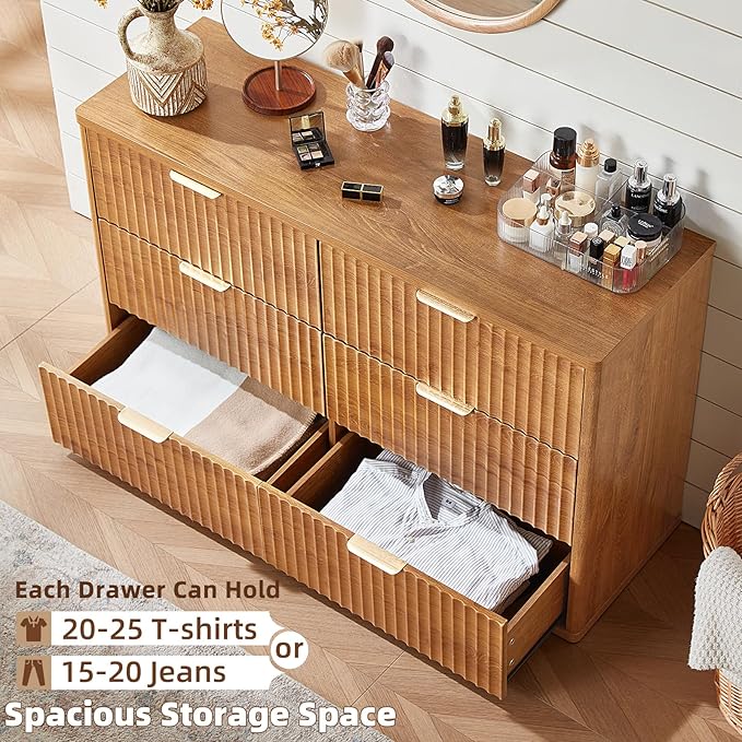 LEYAOYAO 48" Wide Fluted Dresser and 1 Drawers 23" Nightstand Set of 2, Wooden Dresser & Night Stand with Charging Station, 3 Piece Bedroom Furniture Set, Chest of Drawer for Living Room,Brown