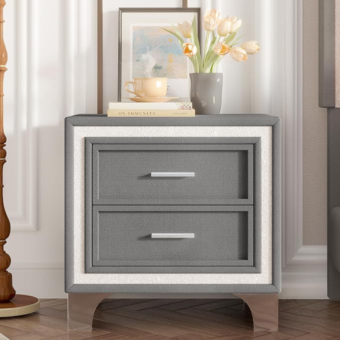 Bellemave 2-Drawer Nightstand with Silver Glitter Strip Decor and Metal Legs, Vintage Upholstered Nightstand, Velvet Bedside Table for Bedroom (Grey) - Image 9