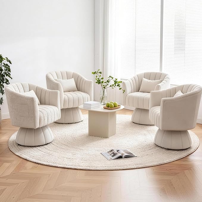 ClinQ Swivel Barrel Chair with Pillow & Side Pocket, 360° Cloud Velvet Round Swivel Accent Chair, Upholstered Cuddle Reading Lounge Chair for the Living Room, Bedroom, Office, White-Vertical Stripes