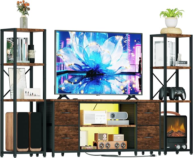 LED TV Stand Bookshelf Combo with Charging Station for 65 60 55 Inch TV, Entertainment Center with Lights & Drawers, Industrial Media TV Console Table for Living Room Bedroom Office, Rustic Brown - Image 9