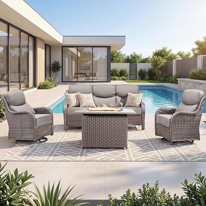 Luxury Patio Furniture Set with 6-inch Thick Cushion, Outdoor Furniture with Fire Pit Table, Swivel Chairs, Sofa, 4pcs Wicker Conversation Set for Deck Yard and Poolside(Grey)