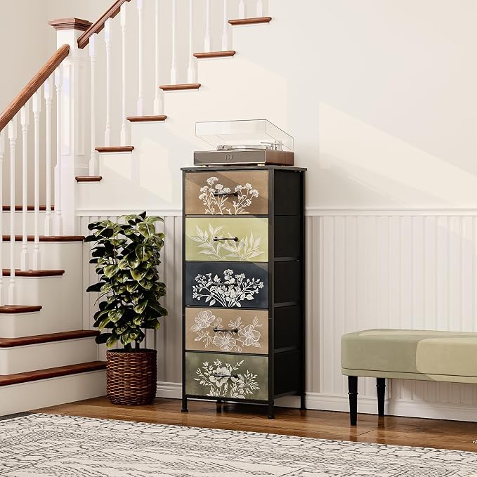 Tohomeor Vintage Dresser Vertical Nightstand with Neutral Botanical Plant Fabric Chest Drawers for Closet Bathroom Storage Tower Unit Bed Side Organizer Farmhouse Rustic (Multi, 5 Drawers) - Image 7