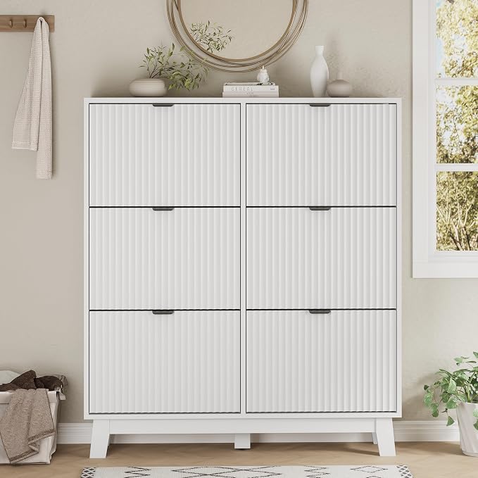 Xixini Shoe Cabinet with 6 Flip Drawers, 54" Tall Narrow Fluted Shoe Storage Organizer for Entryway, Hidden Slim Wooden Shoe Rack Cabinet for Front Door Entrance, Hallway, Living Room, Solid White - Image 7