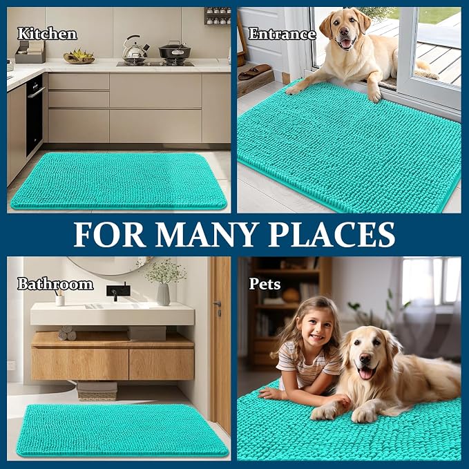 OLANLY Dog Door Mat for Muddy Paws 30x20, Absorbs Moisture and Dirt, Absorbent Non-Slip Washable Doormat, Quick Dry Chenille Mud Mat for Dogs, Entry Indoor Entryway Carpet for Inside Floor, Teal - Image 8