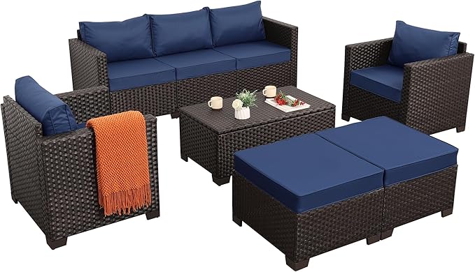 6 Pieces Patio Outdoor Furniture Conversation Sets Patio Wicker Sofa Set with Outdoor Couch Patio Chairs and Storage Table Non-Slip Cushions Waterproof Covers, Navy Blue